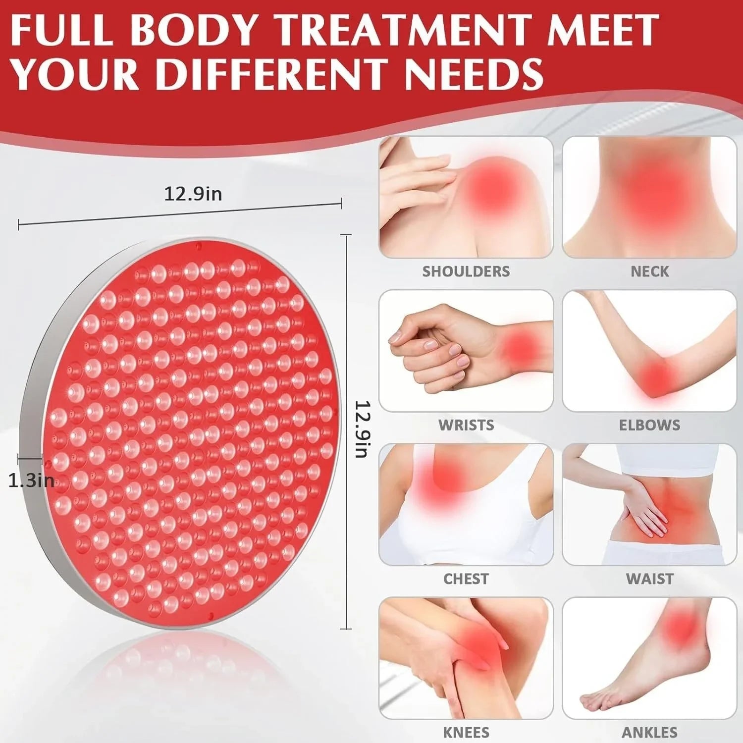 Red light therapy panel for full body treatment, targeting shoulders, neck, wrists, elbows, chest, waist, knees, and ankles