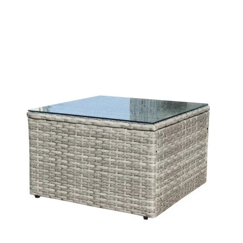 Light grey rattan outdoor coffee table with glass top, modern square design