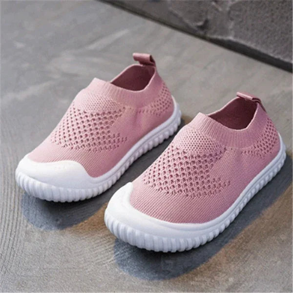 Pink slip-on knit sneakers with breathable mesh and white soles, lightweight casual fit