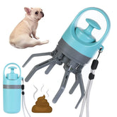 Blue and gray plastic pet waste grabber tool with handle, shown with dog and poop emoji.