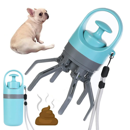Blue and gray plastic pet waste grabber tool with handle, shown with dog and poop emoji.