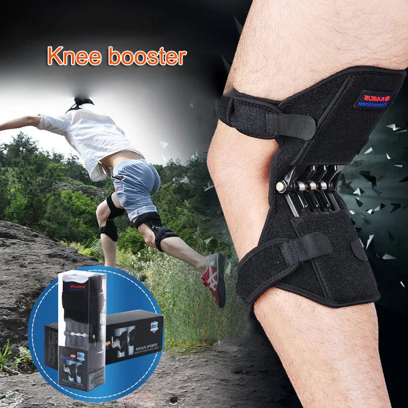 Adjustable black knee support brace with springs, worn for outdoor sports or activity