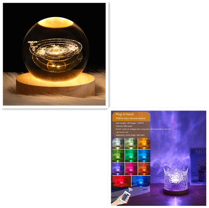 Crystal glass LED ambient lights in round and crown shapes with color-changing effects