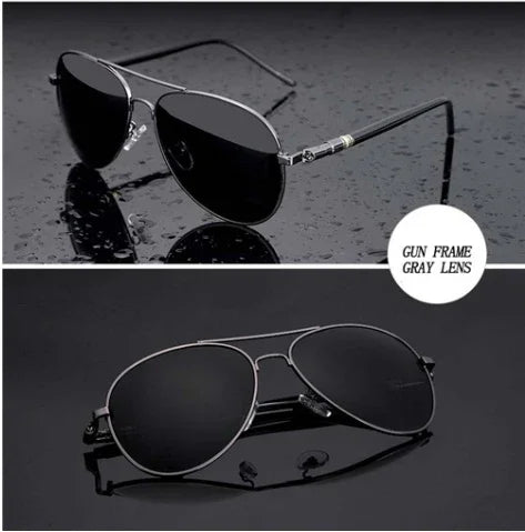 Aviator sunglasses with gunmetal frame and gray lenses, sleek modern streetwear style.