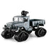 Gray military-style toy truck with black caterpillar tracks and cargo bed