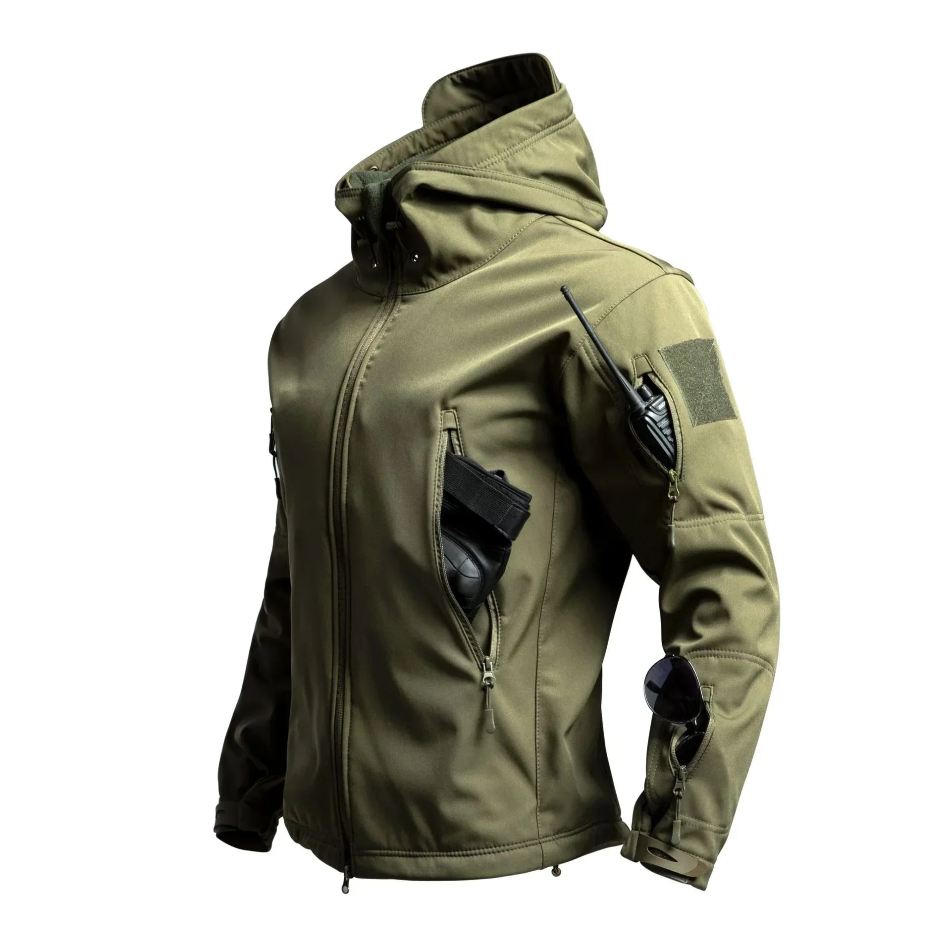 Olive green tactical softshell jacket with zippered pockets, hood, and slim fit