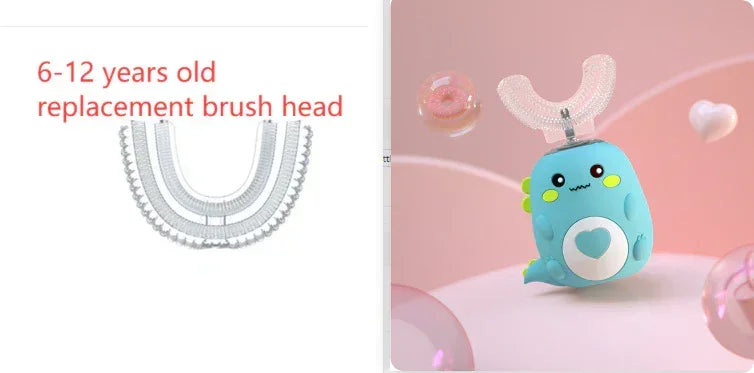 Blue dinosaur-shaped automatic toothbrush for kids with silicone U-shaped brush head