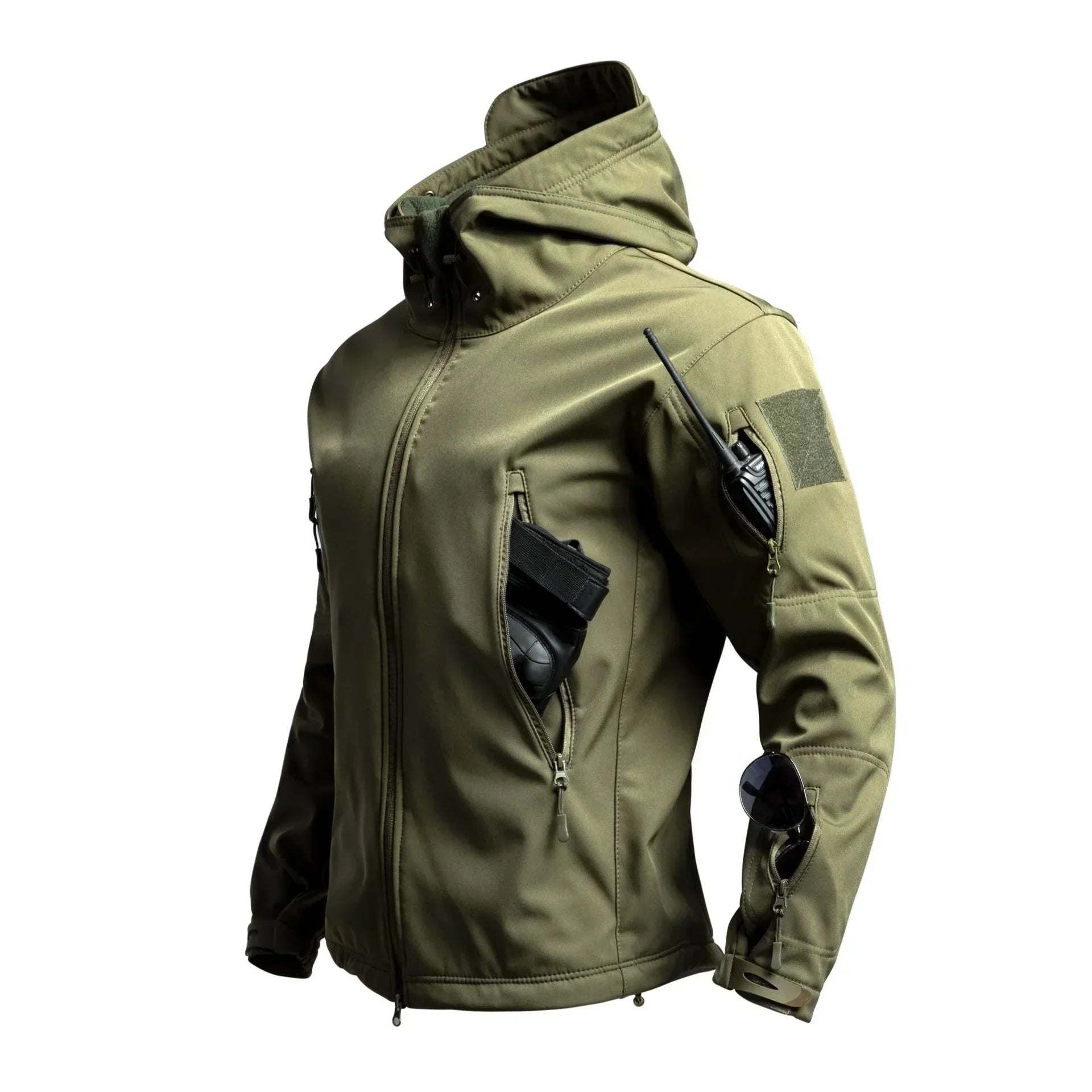 Olive green tactical softshell jacket with multiple zip pockets, hood, and slim fit design