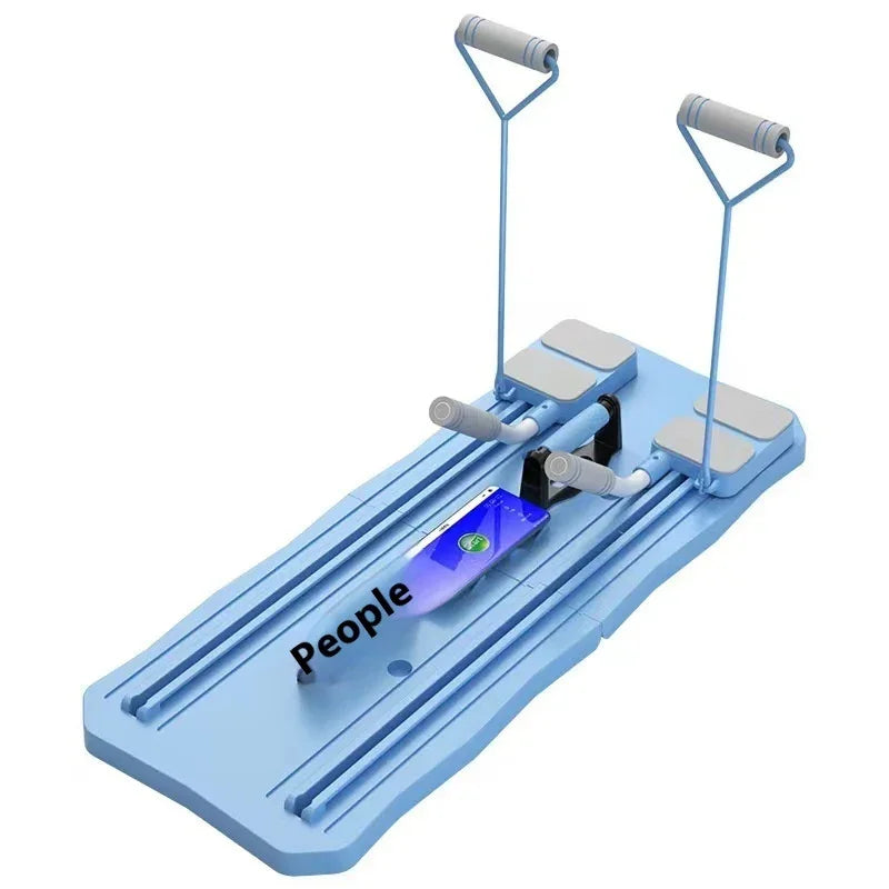 Blue sit-up exercise board with foam handles, footrests, and adjustable tension bands