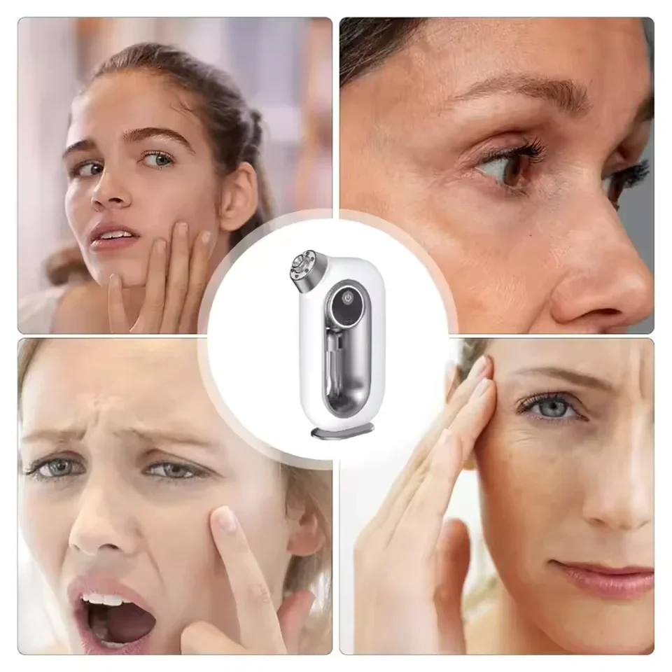 Collage of women examining facial skin with visible wrinkles and pores, plus a white skincare device.