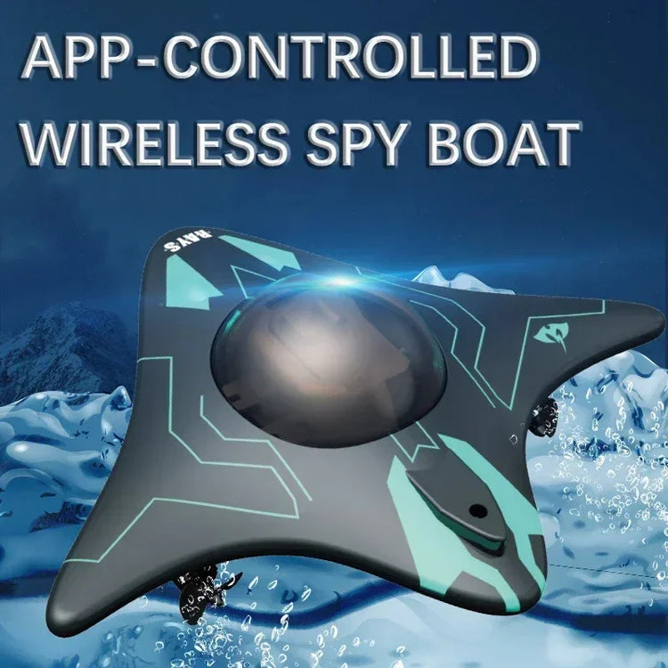Black and teal futuristic wireless spy boat with angular design, gliding on water
