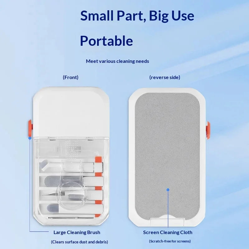 Compact portable cleaning kit with white plastic case, large brush, and gray screen cloth