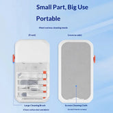 Compact portable cleaning kit with white plastic case, large brush, and gray screen cloth