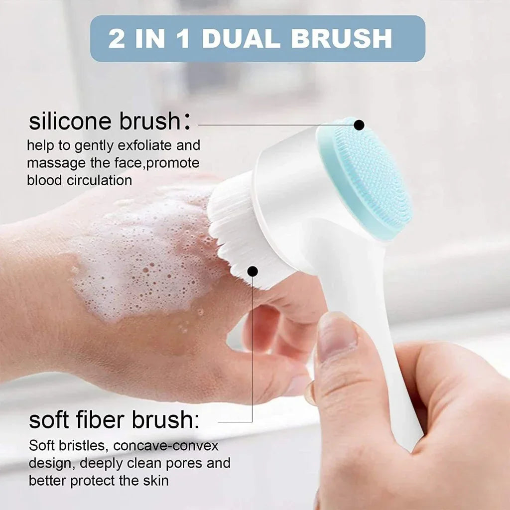 2-in-1 dual face brush with soft white bristles and blue silicone for gentle exfoliation and cleansing
