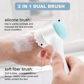 2-in-1 dual face brush with soft white bristles and blue silicone for gentle exfoliation and cleansing