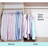 Closet organizer showing neatly hung pastel dress shirts, demonstrating space-saving hanger before and after.