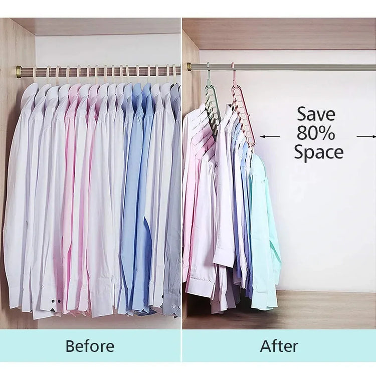 Closet organizer showing neatly hung pastel dress shirts, demonstrating space-saving hanger before and after.