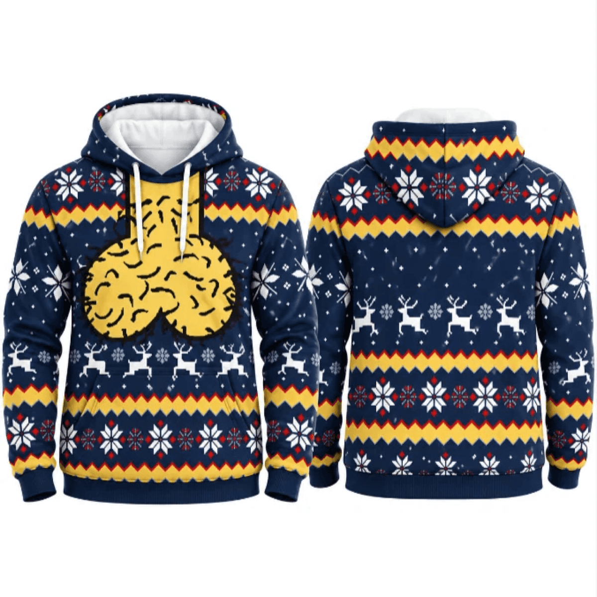 Front and back views of navy blue adult humor Christmas hoodie
