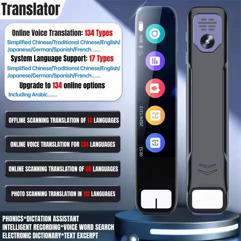 Sleek black electronic voice translator device with touchscreen, offers translation in 134 languages.