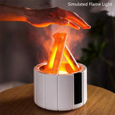 Simulated flame light in a modern desktop lamp with wood accents, warm ambient glow effect.