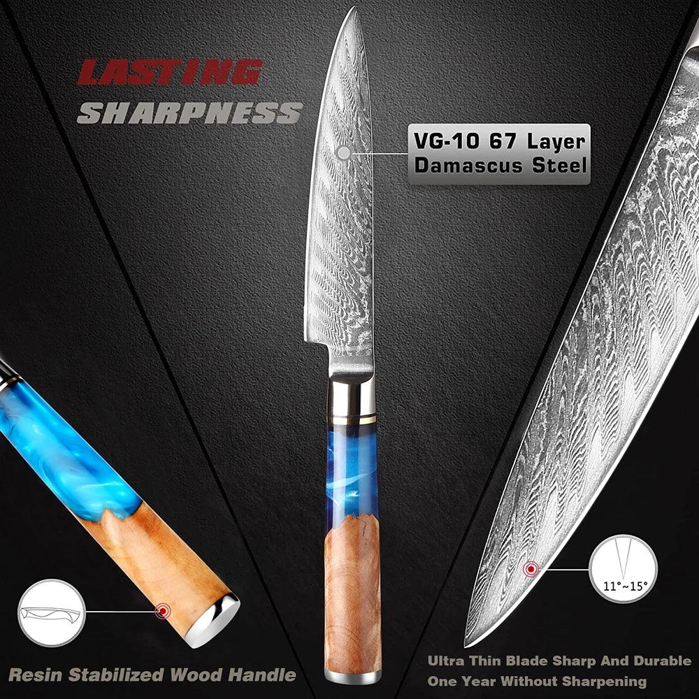 VG-10 Damascus steel chef knife with blue resin and wood handle, ultra-thin sharp blade