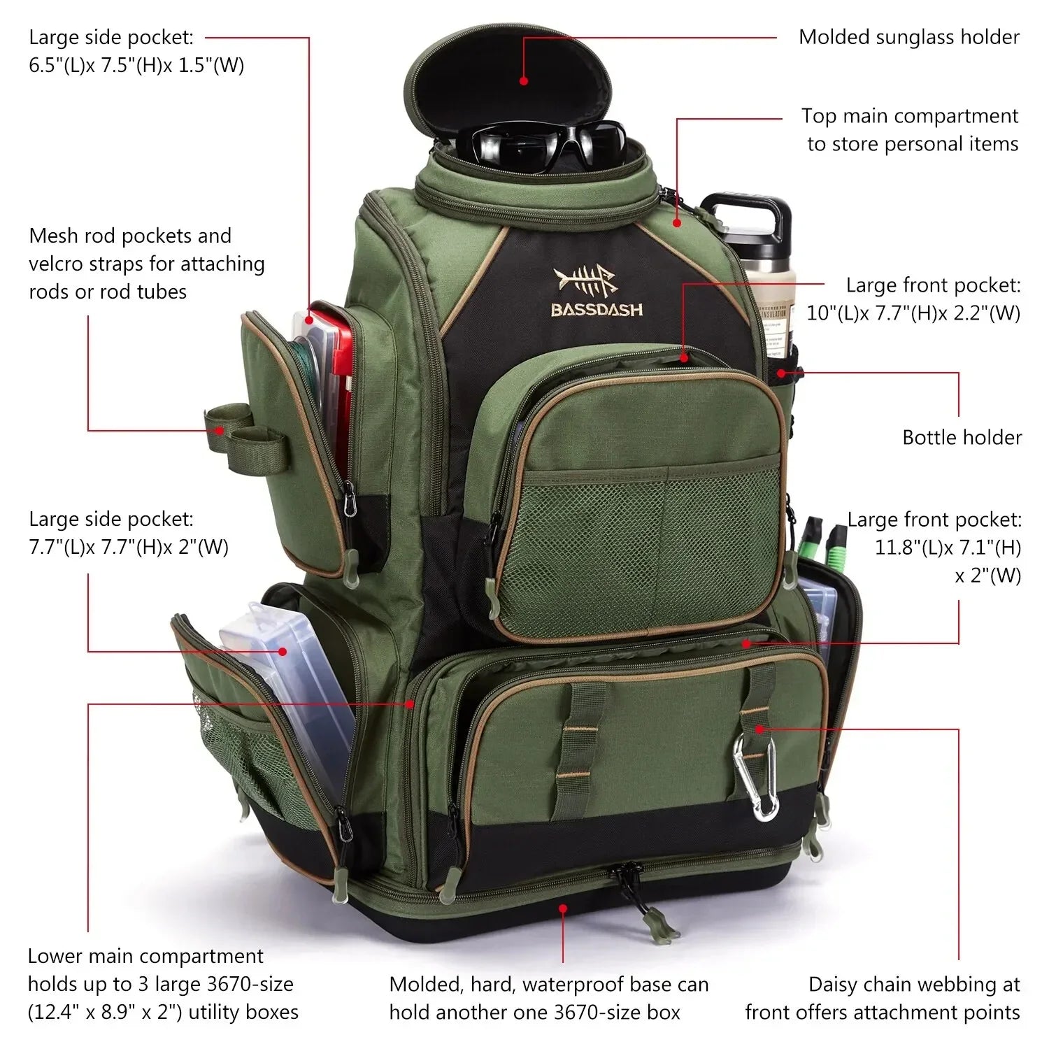 Green tactical backpack with multiple pockets, mesh rod holders, bottle holder, and waterproof base.