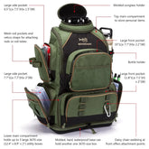 Green tactical backpack with multiple pockets, mesh rod holders, bottle holder, and waterproof base.