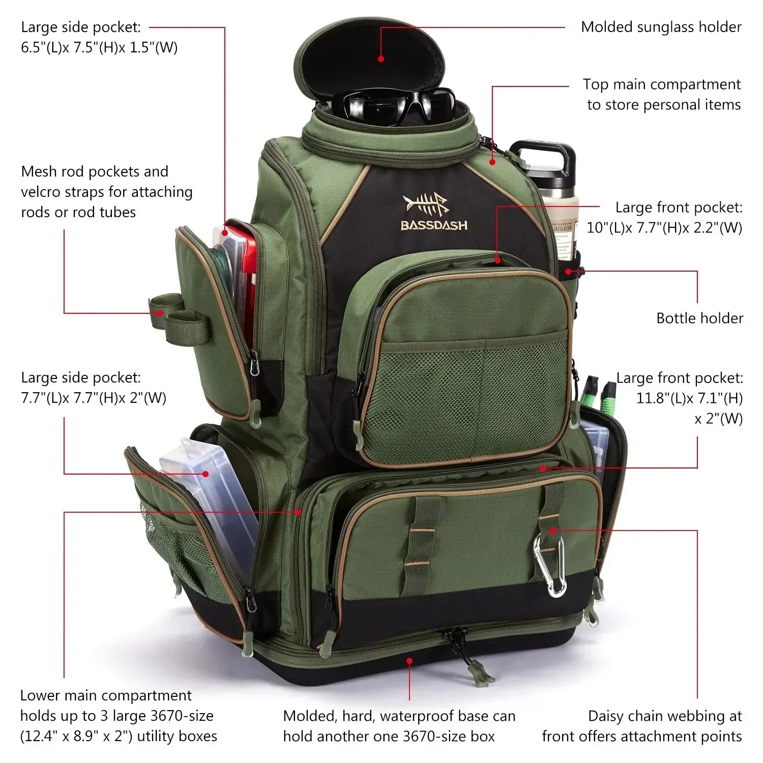Green tactical backpack with multiple pockets, mesh rod holders, bottle holder, and waterproof base.
