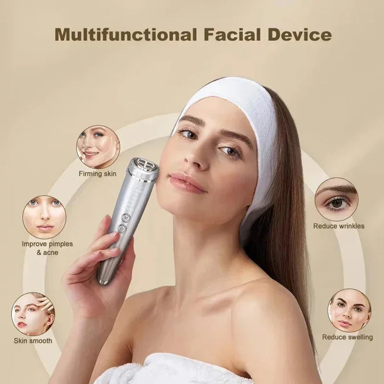 Woman using a silver facial device, wearing a white headband and towel, showcasing skincare routine.