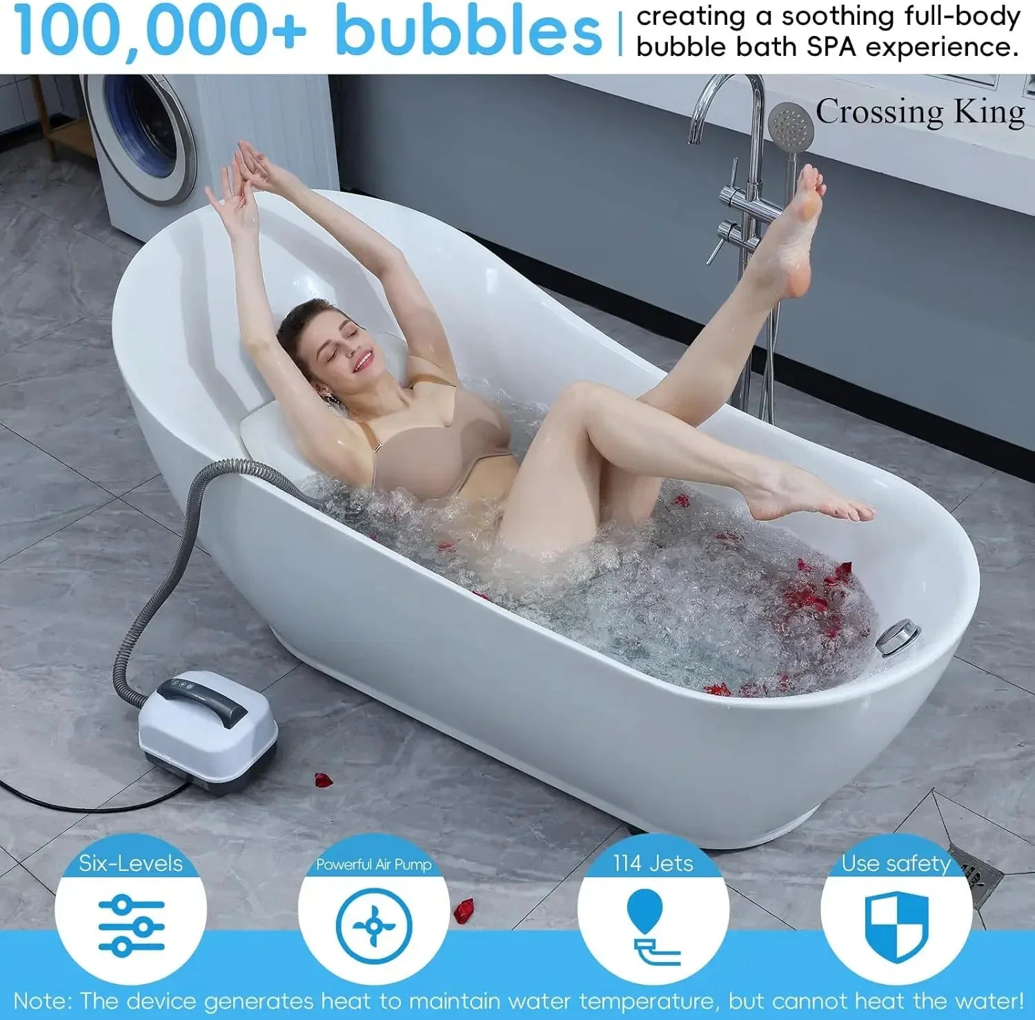 Woman in beige swimwear relaxing in a modern bathtub with bubbling water and rose petals