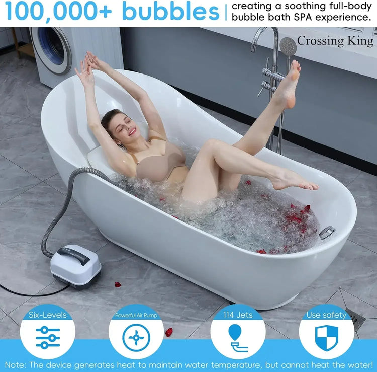 Woman in beige swimwear relaxing in a modern bathtub with bubbling water and rose petals