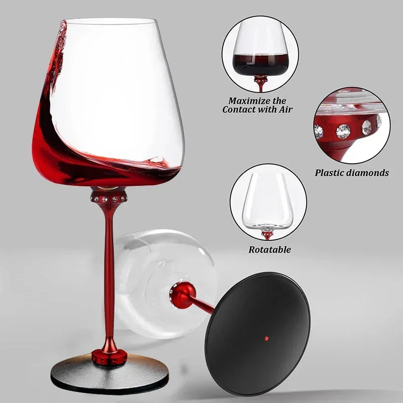 Red stem wine glass with plastic diamond accents, rotatable base, modern design, glass material.