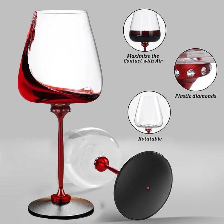 Red stem wine glass with plastic diamond accents, rotatable base, modern design, glass material.
