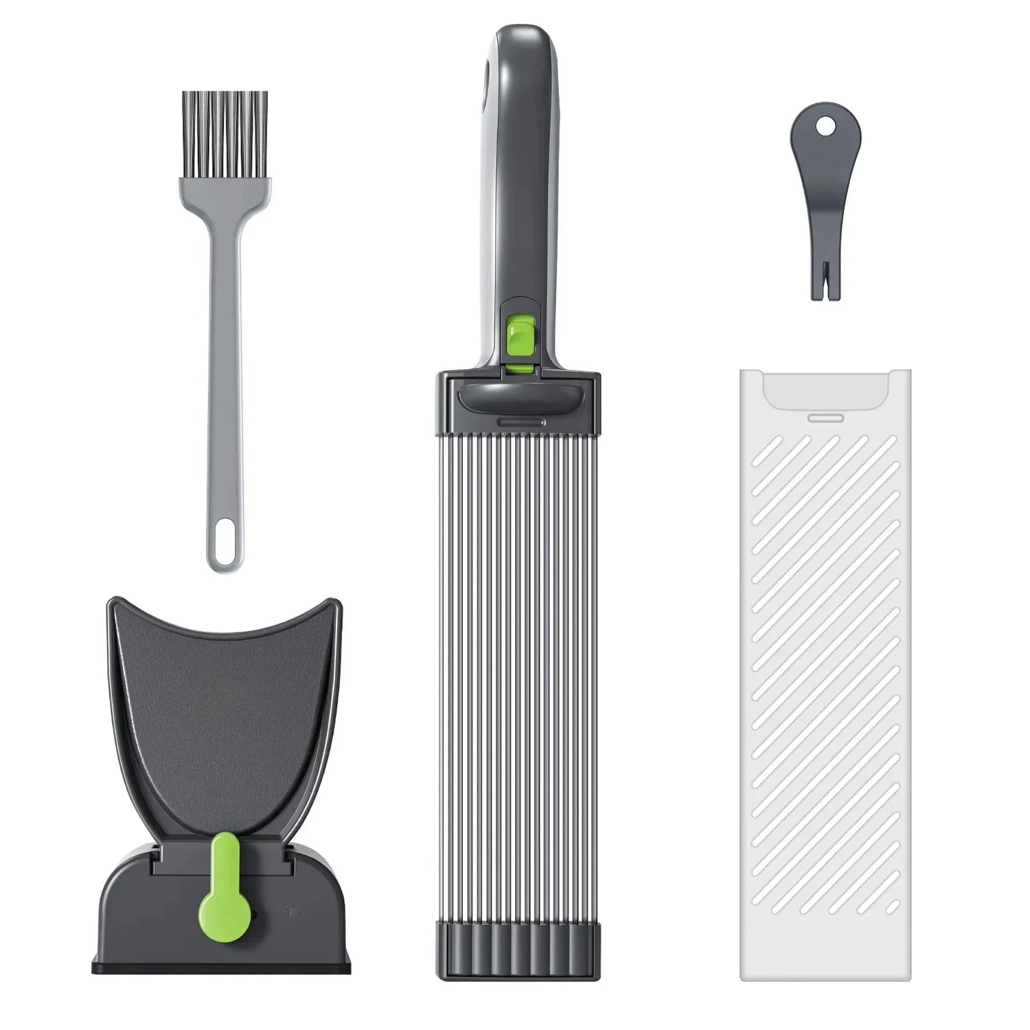 Modern gray and white cleaning tool set with brush, scraper, dustpan, and multi-purpose handle.