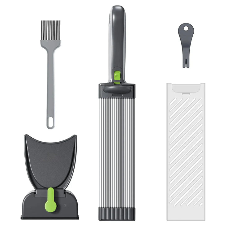 Modern gray and white cleaning tool set with brush, scraper, dustpan, and multi-purpose handle.