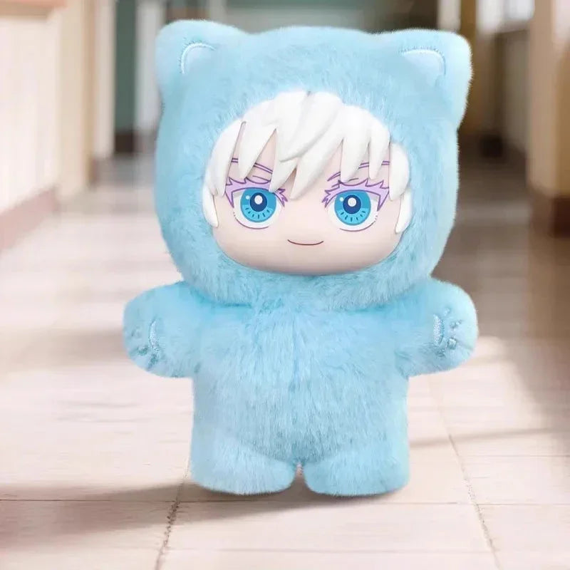 Plush toy figure in soft blue fuzzy bear suit with white hair and blue eyes, relaxed fit