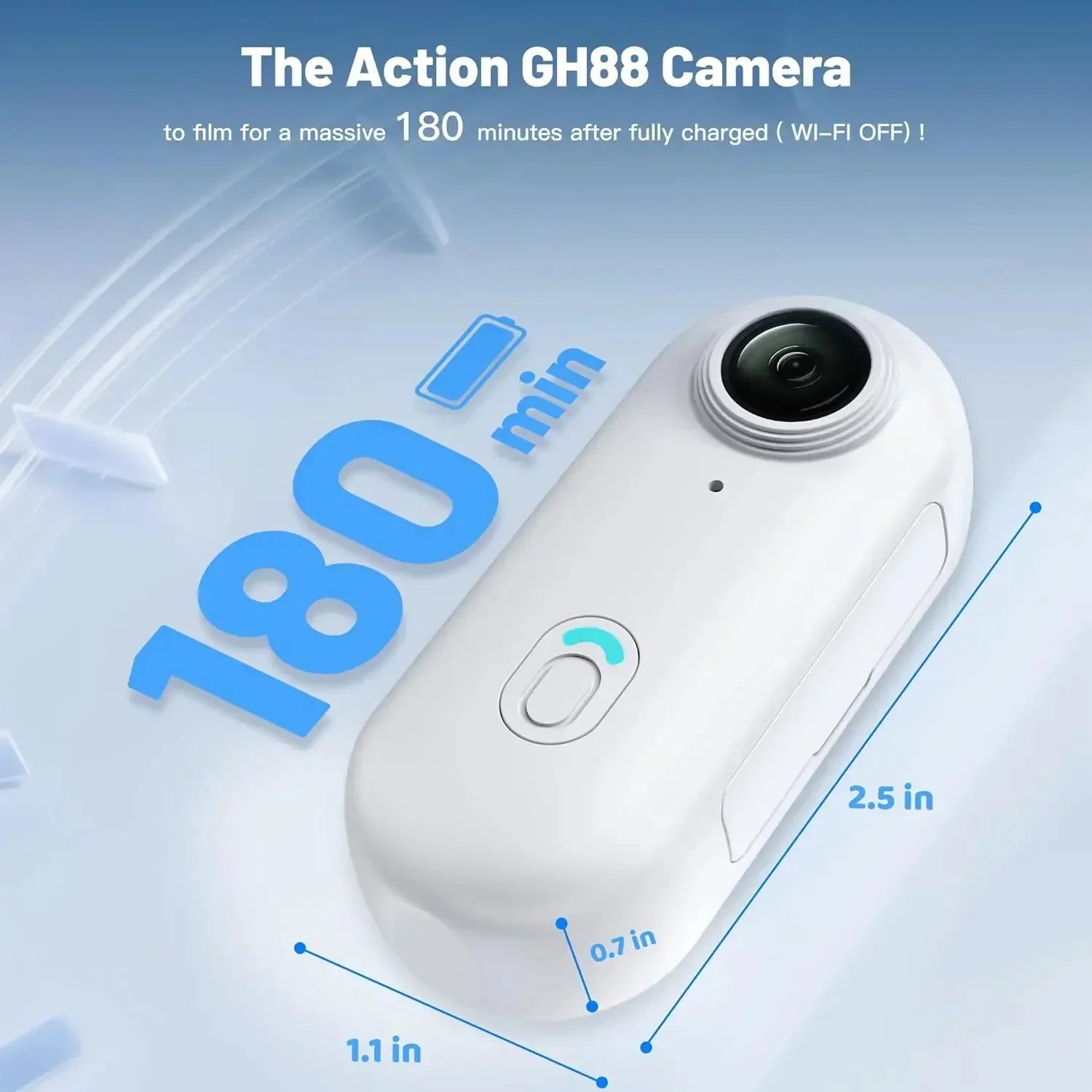 Compact white action camera with wide lens, blue power button, and size dimensions shown.
