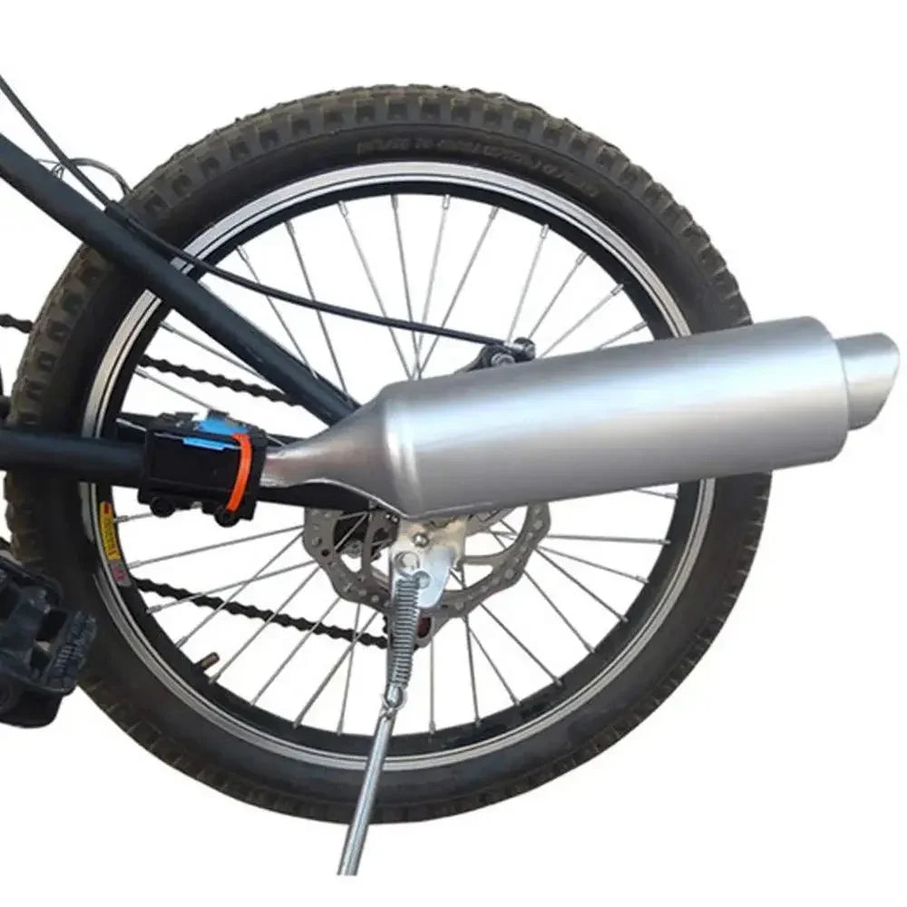 Bicycle rear wheel with attached silver exhaust pipe accessory, black frame, disc brake.