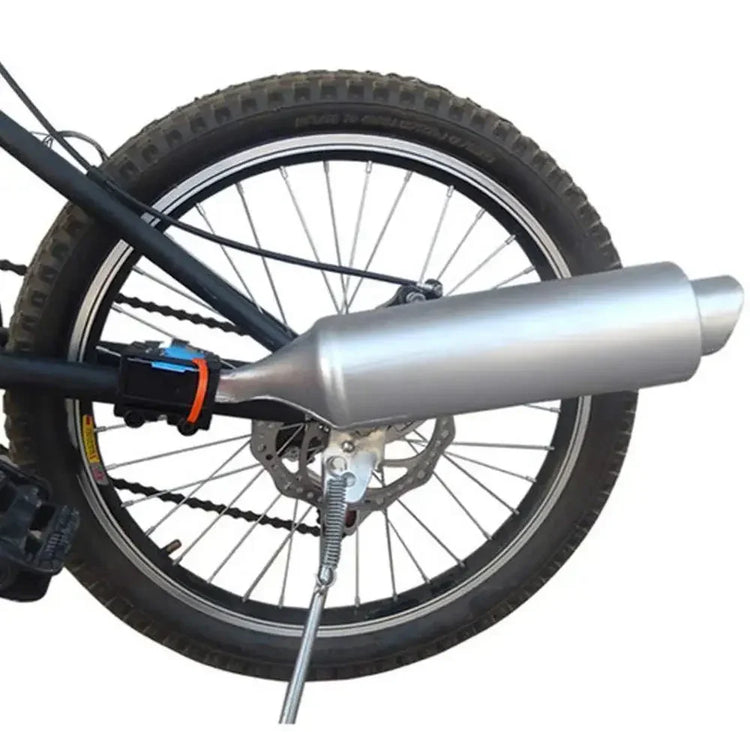 Bicycle rear wheel with attached silver exhaust pipe accessory, black frame, disc brake.