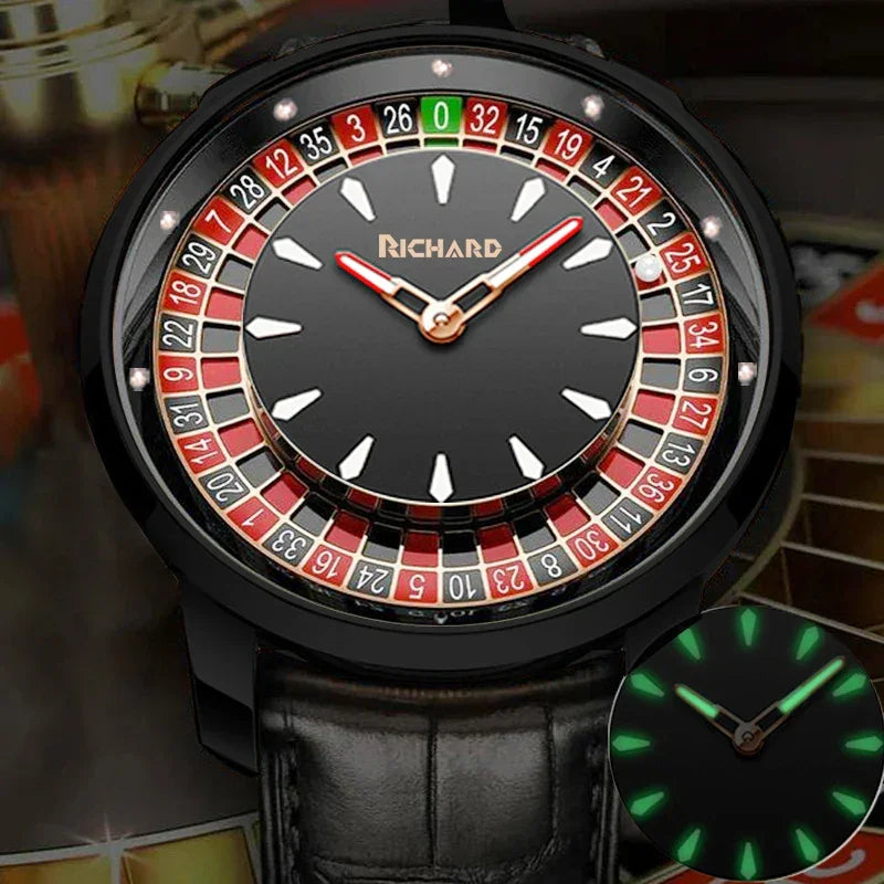 Black leather strap watch with roulette-inspired dial, luminous hands, bold sporty design