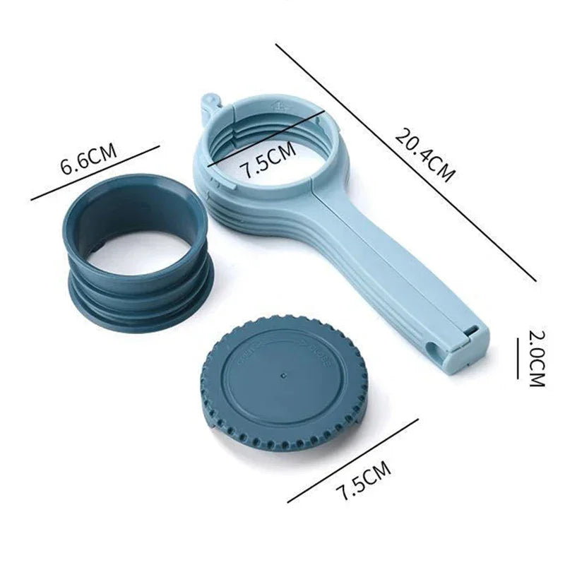 Blue multifunction plastic jar opener set with measurements, durable kitchen tool