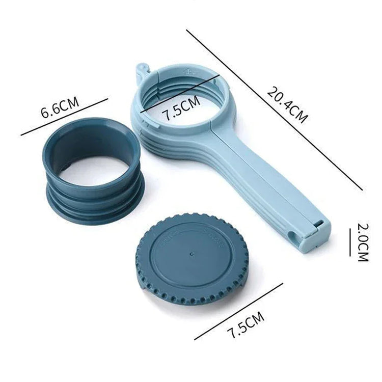 Blue multifunction plastic jar opener set with measurements, durable kitchen tool