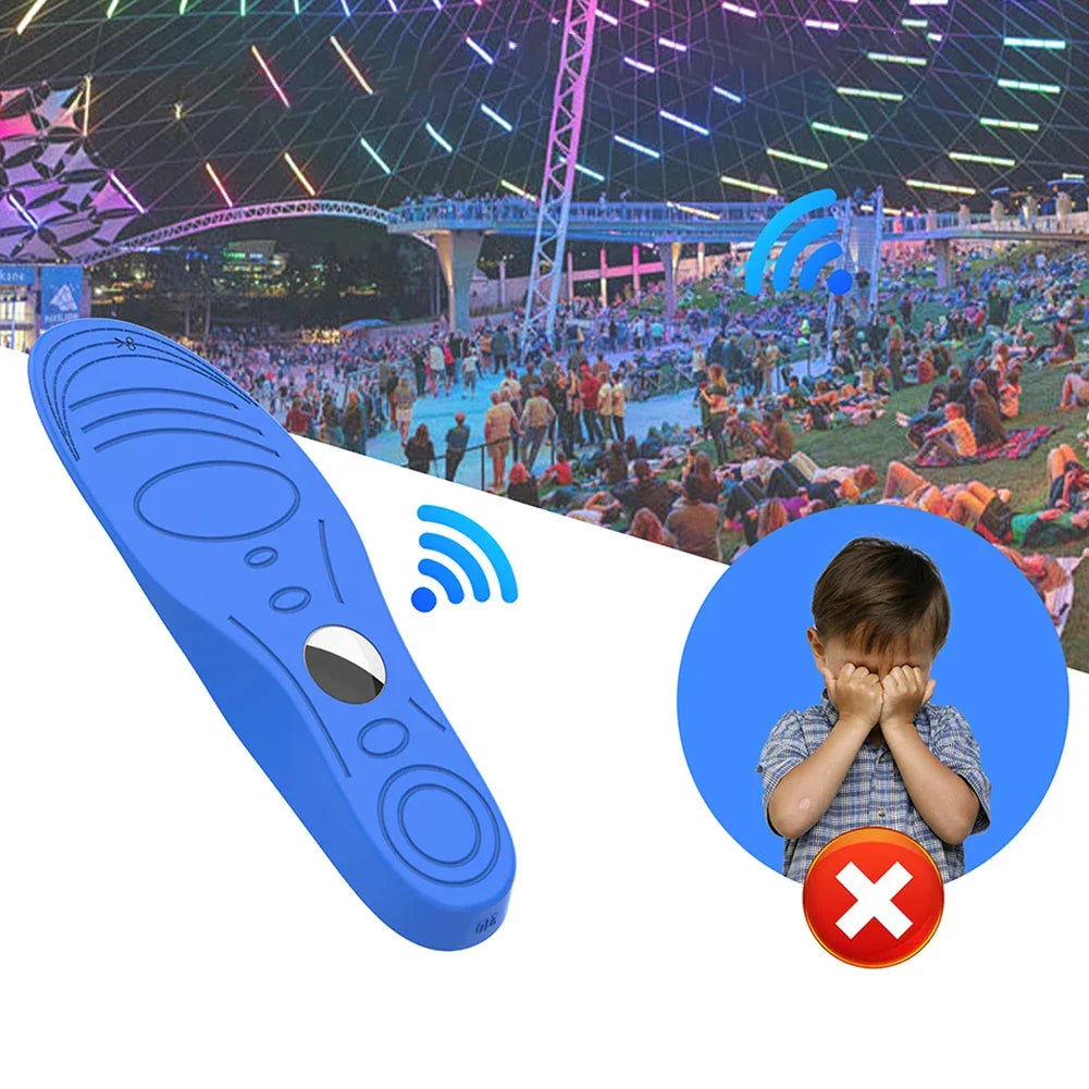 Blue wireless silicone device with crowd and child illustration, light show in background