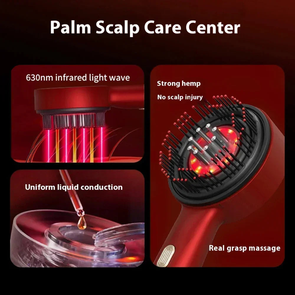 Red handheld scalp massager with infrared light, hemp bristles, and liquid conduction for massage care