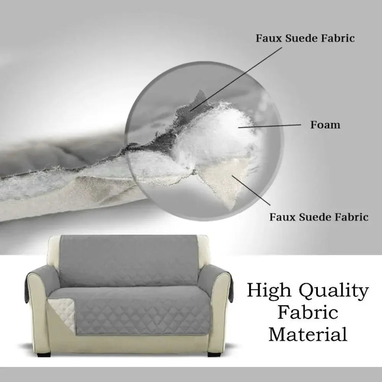 Gray faux suede quilted sofa cover with foam layer, high quality fabric detail.