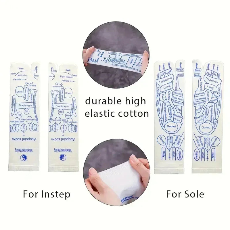 White cotton acupoint socks with blue anatomical print, high stretch, unisex fit