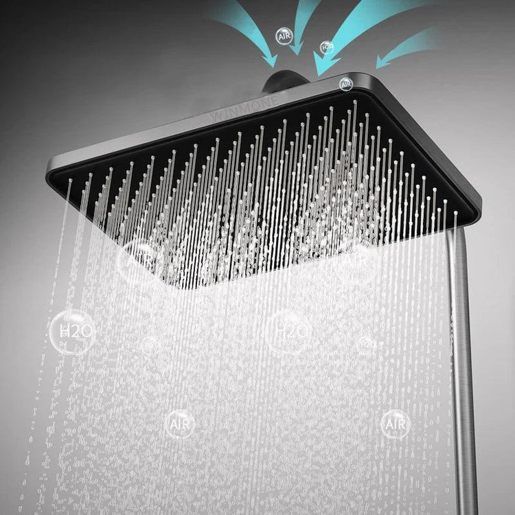 Modern square rainfall shower head with matte black finish, delivering high-pressure water spray.