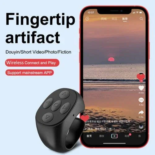 Black wireless remote ring controller for smartphone, ideal for video and photo scrolling