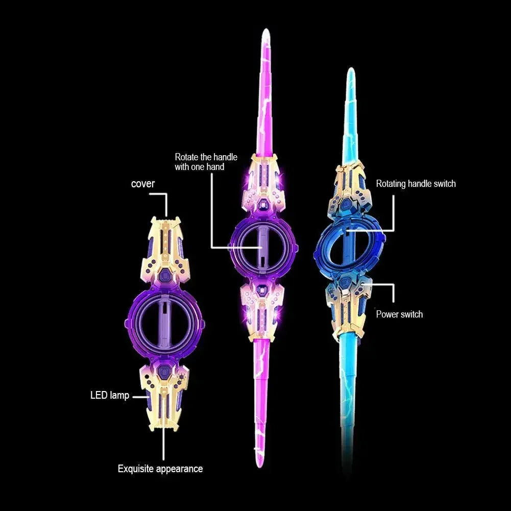 Futuristic LED light-up toy swords with rotating handle in neon purple and blue, plastic material, slim fit.