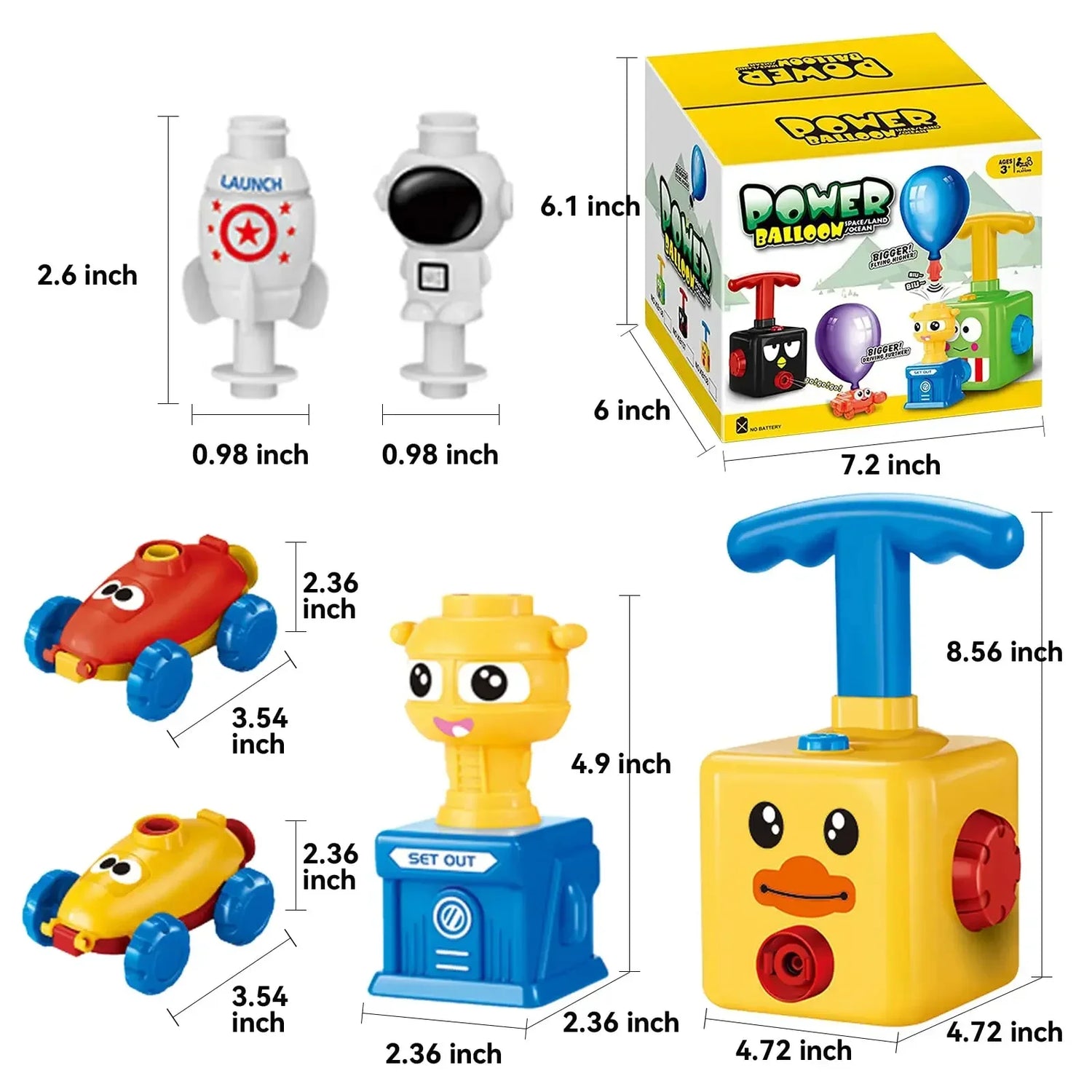Colorful toy balloon pump set with cartoon car and astronaut shapes, plastic material, kids STEM play.